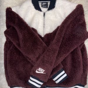Fluffy Nike maroon and white varsity zip up